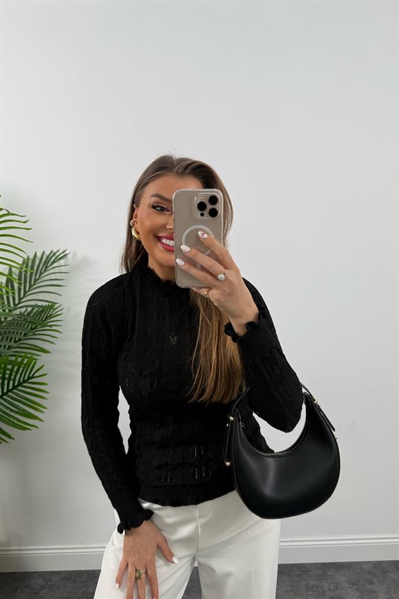 Dantel Örme Ajurlu Romantik Triko Siyah