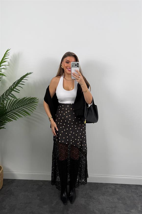 Dantel Tasarım Puantiyeli Maxi Saten Etek Siyah