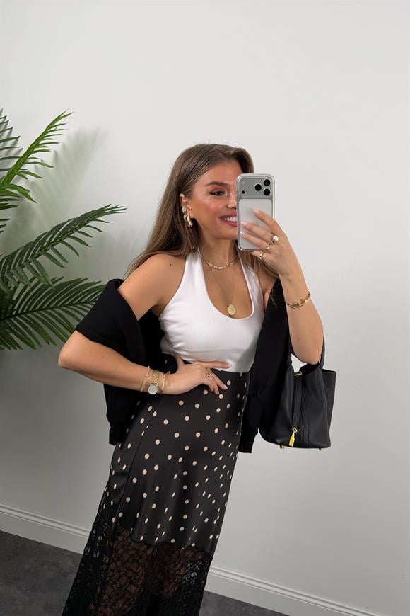 Dantel Tasarım Puantiyeli Maxi Saten Etek Siyah