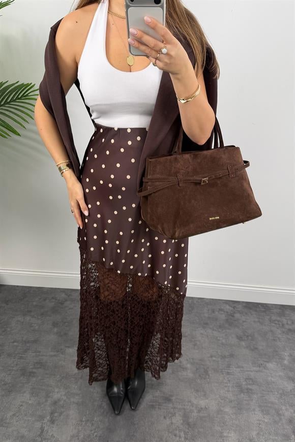 Dantel Tasarım Puantiyeli Maxi Saten Etek Acı kahve