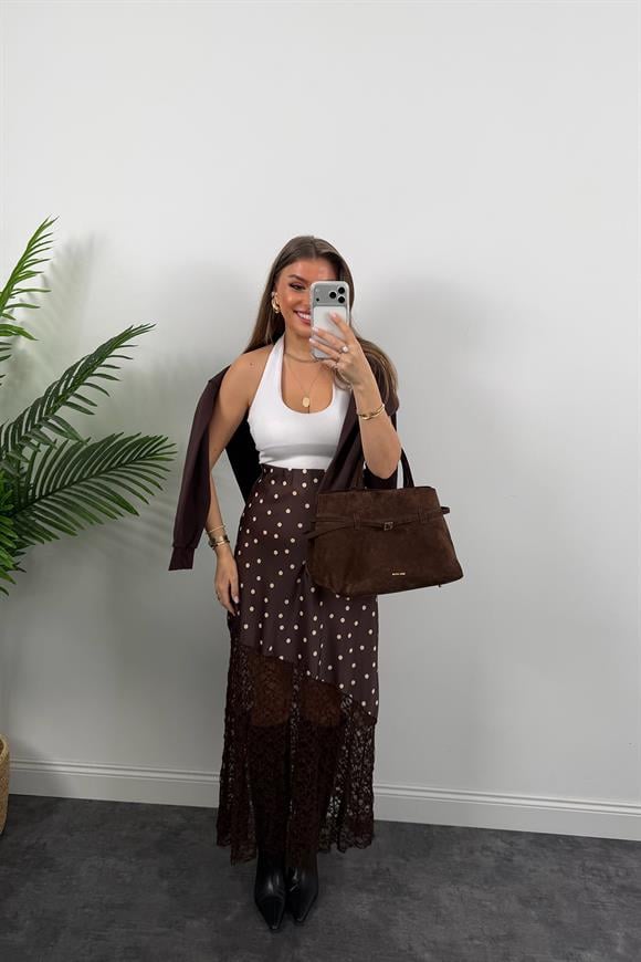 Dantel Tasarım Puantiyeli Maxi Saten Etek Acı kahve