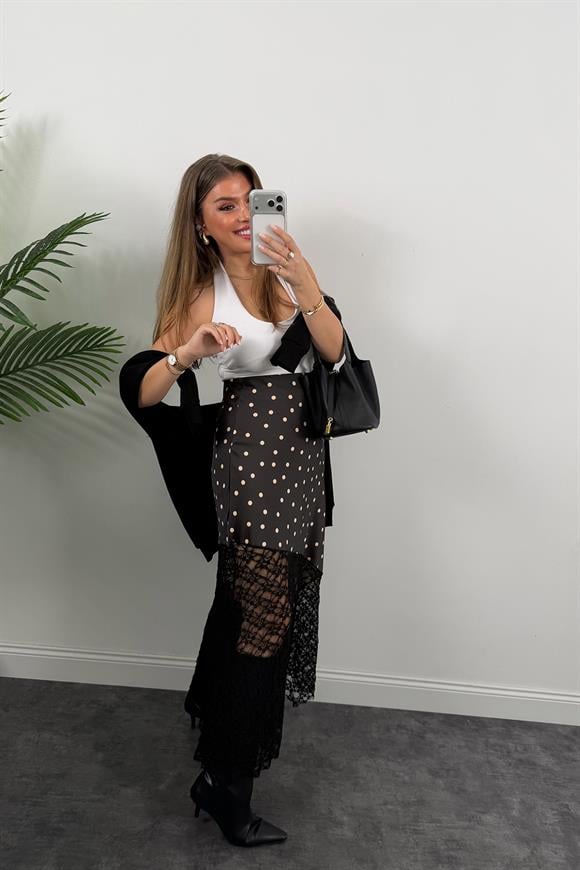 Dantel Tasarım Puantiyeli Maxi Saten Etek Siyah