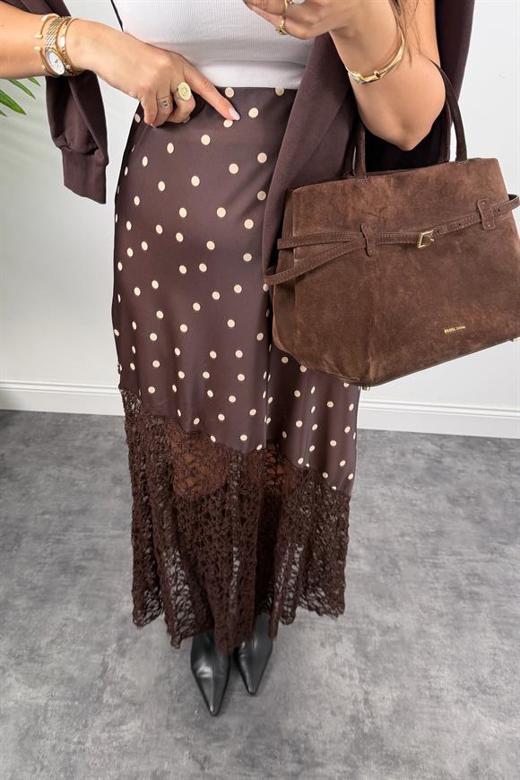 Dantel Tasarım Puantiyeli Maxi Saten Etek Acı kahve