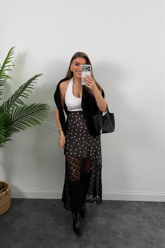 Dantel Tasarım Puantiyeli Maxi Saten Etek Siyah