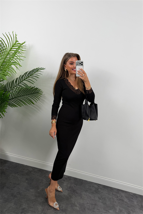 Dantelli Likralı Çelik Kalem Elbise Siyah