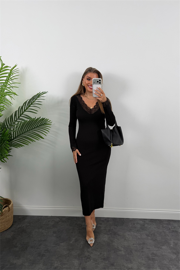 Dantelli Likralı Çelik Kalem Elbise Siyah