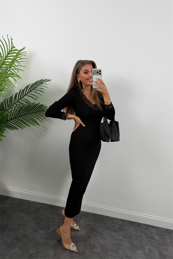 Dantelli Likralı Çelik Kalem Elbise Siyah