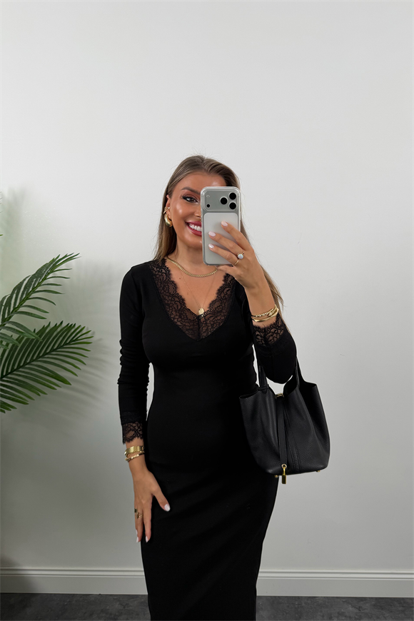 Dantelli Likralı Çelik Kalem Elbise Siyah