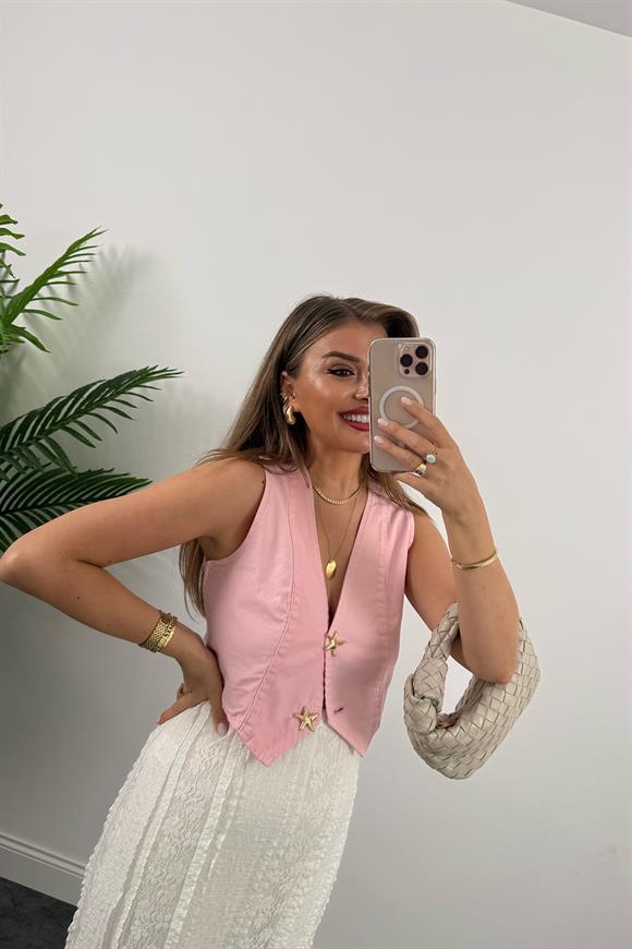 Deniz Yıldızı Düğmeli %100 Pamuklu İnce Jean Yelek Pembe