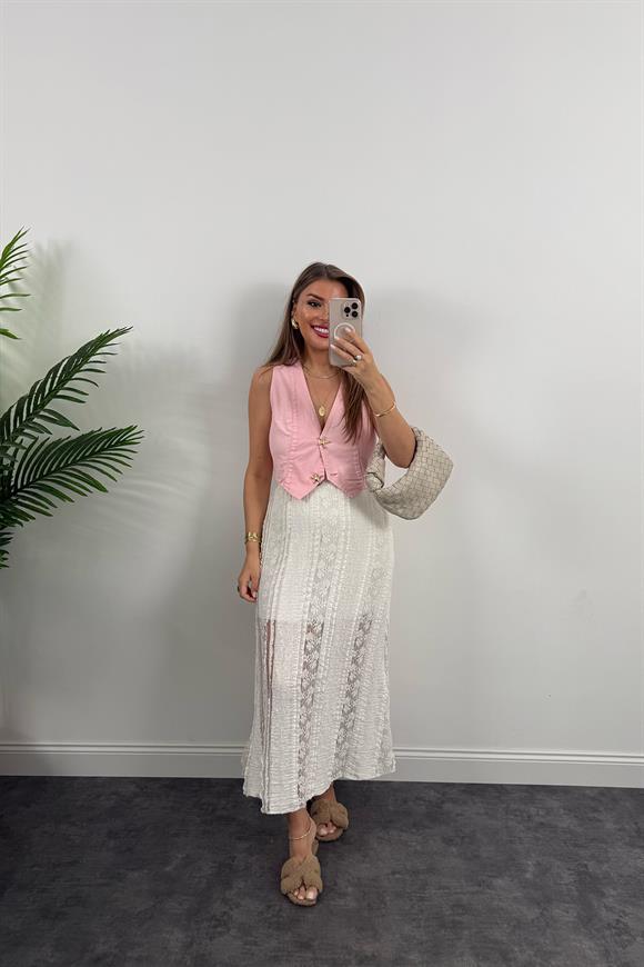 Deniz Yıldızı Düğmeli %100 Pamuklu İnce Jean Yelek Pembe