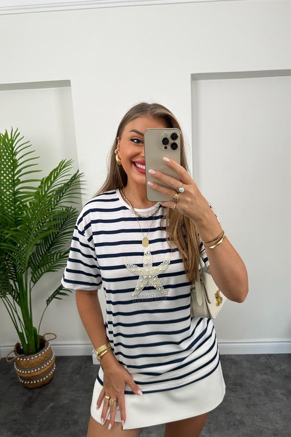 Deniz Yıldızı İncili Lacivert Beyaz Marin Tshirt