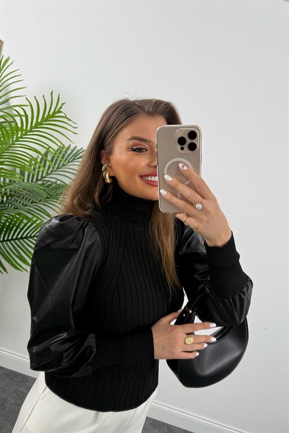 Deri Kol Tasarım Balıkçı Triko Siyah