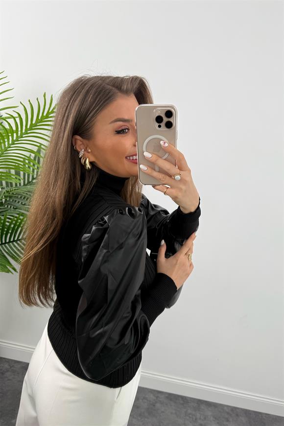 Deri Kol Tasarım Balıkçı Triko Siyah