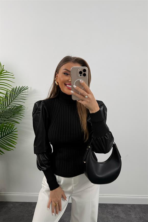 Deri Kol Tasarım Balıkçı Triko Siyah