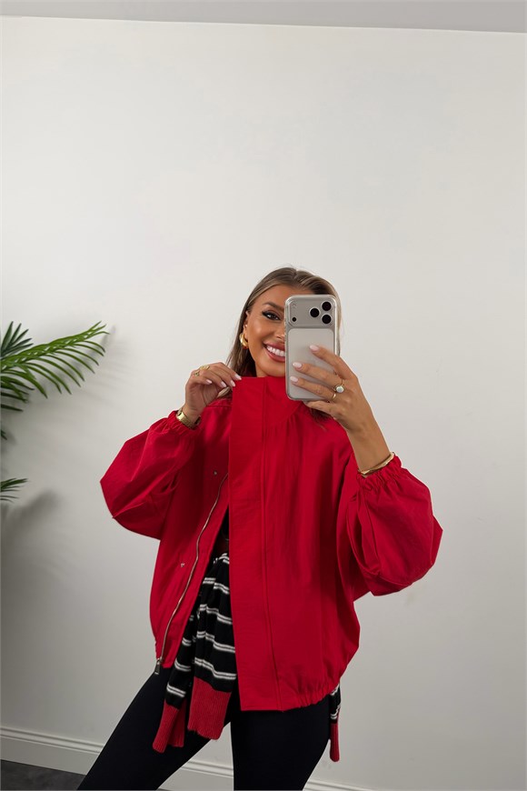 Dik Yaka Basic Bomber Mont Kırmızı
