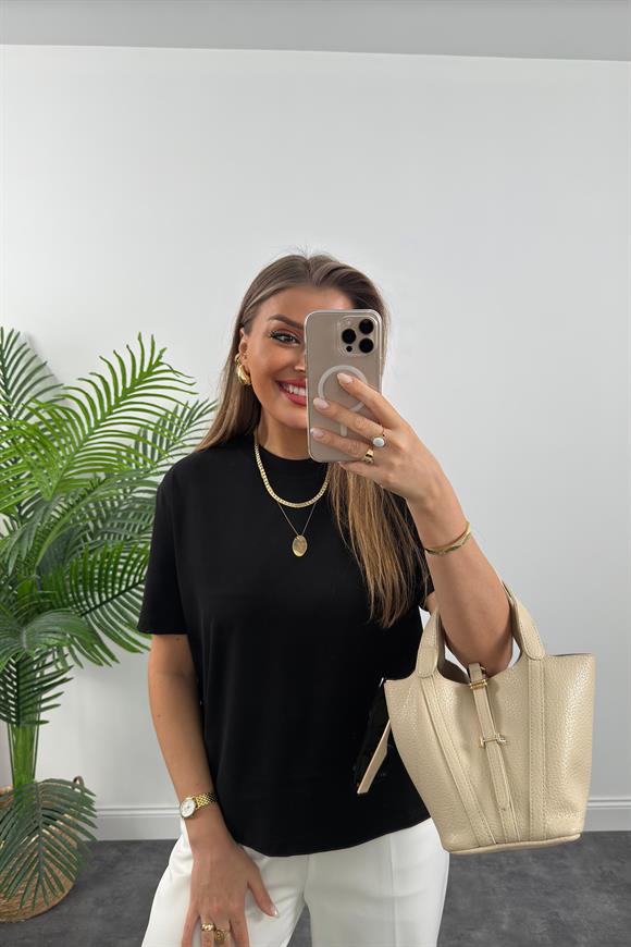 Dilvin Tam Pamuklu Dekoratif Dikiş Premium Basic Tshirt Siyah