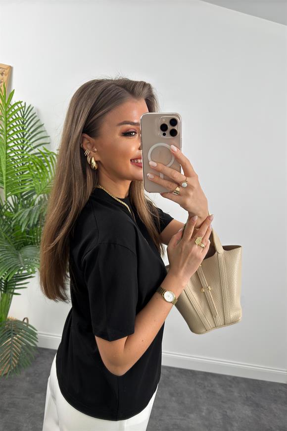 Dilvin Tam Pamuklu Dekoratif Dikiş Premium Basic Tshirt Siyah