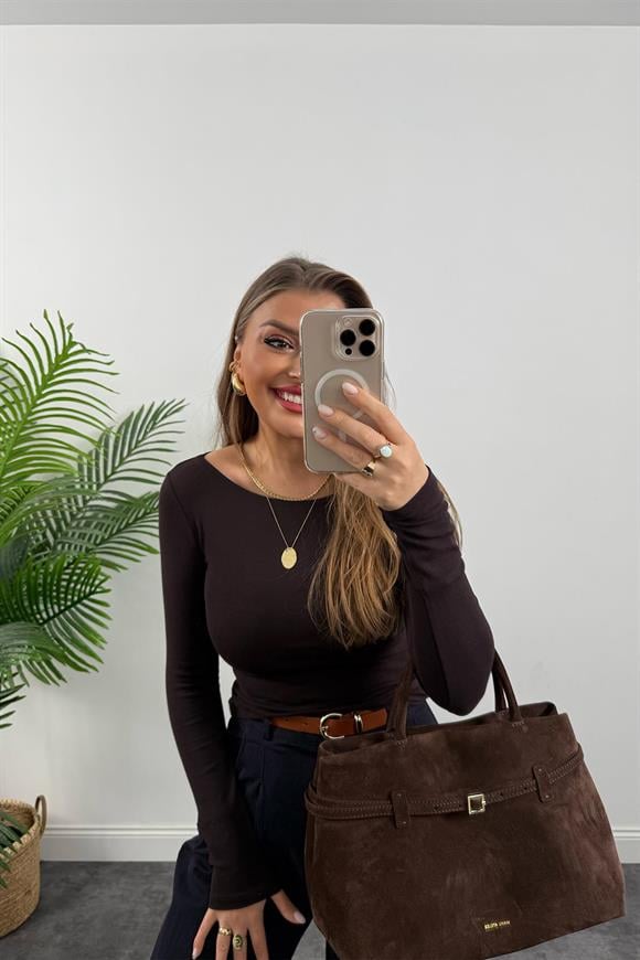 Dilvin Tam Pamuklu Kayık Yaka Uzun Kol Basic Acı Kahve 