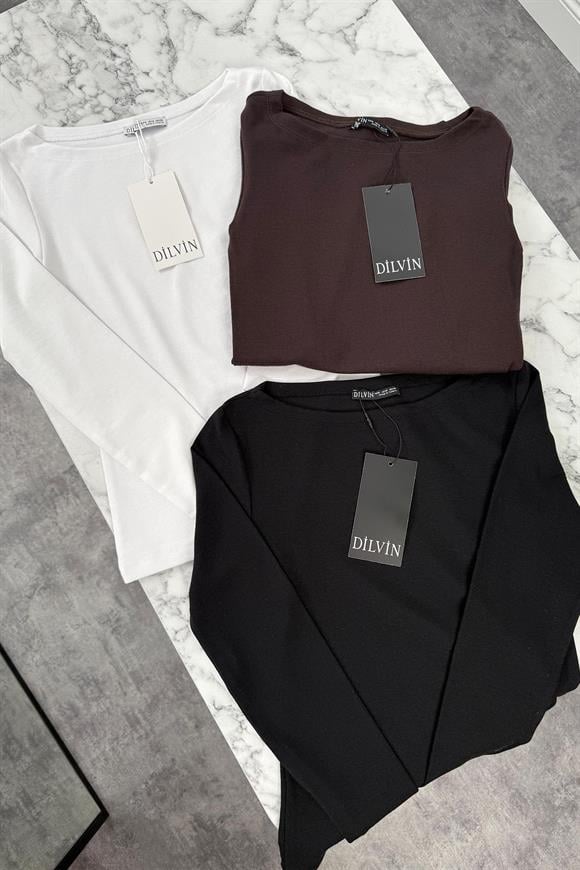 Dilvin Tam Pamuklu Kayık Yaka Uzun Kol Basic Acı Kahve 