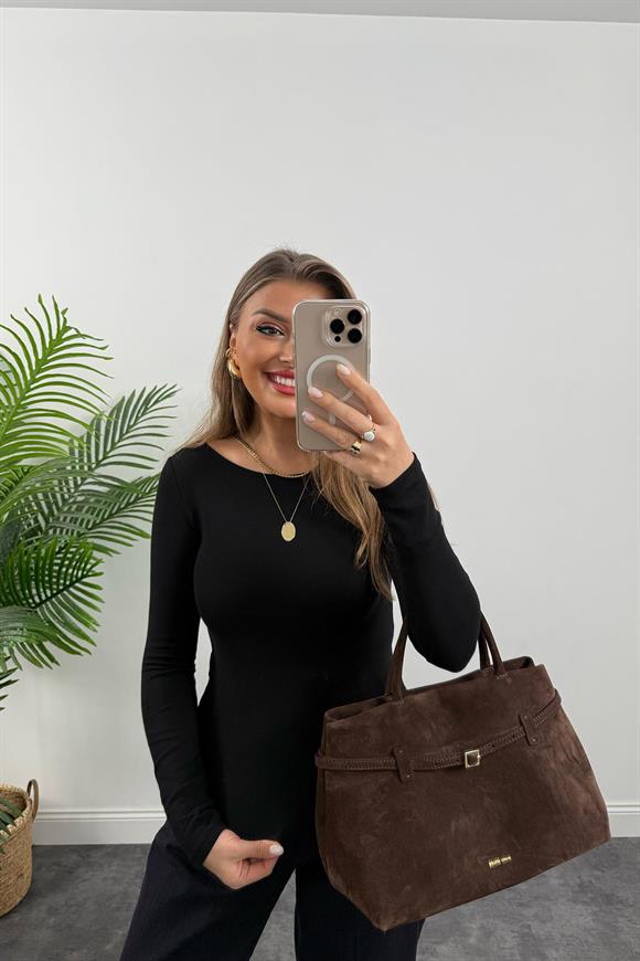 Dilvin Tam Pamuklu Kayık Yaka Uzun Kol Basic Siyah 