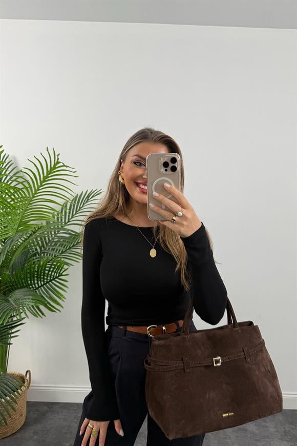 Dilvin Tam Pamuklu Kayık Yaka Uzun Kol Basic Siyah 