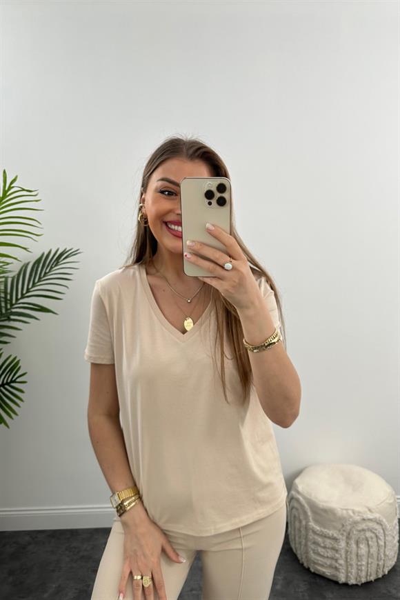 Dilvin Tam Pamuklu V Yaka Basic Tshirt Bej