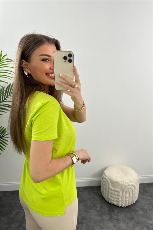 Dilvin Tam Pamuklu V Yaka Basic Tshirt Lime