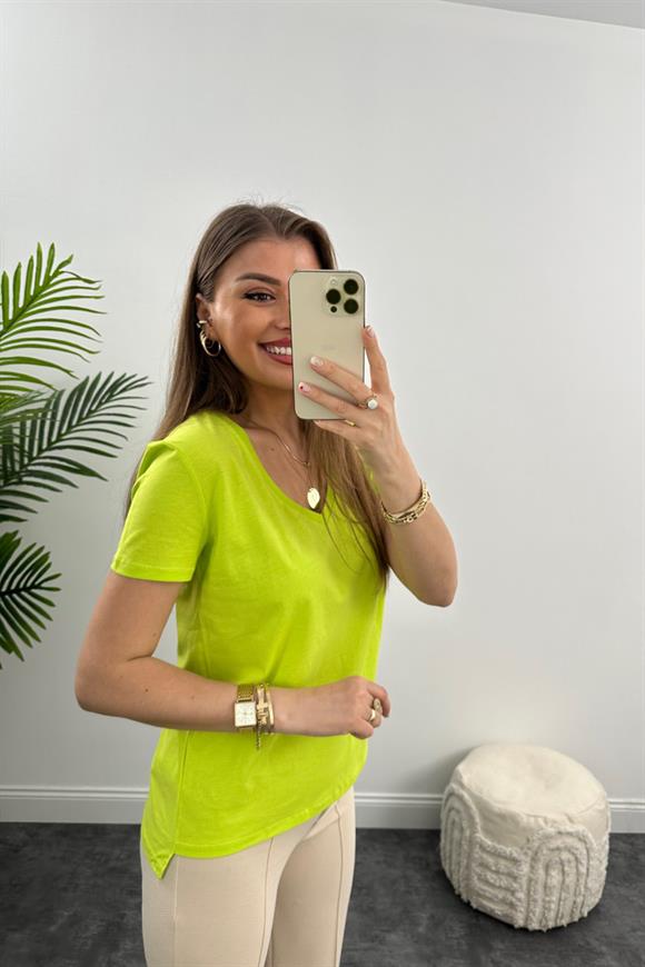 Dilvin Tam Pamuklu V Yaka Basic Tshirt Lime