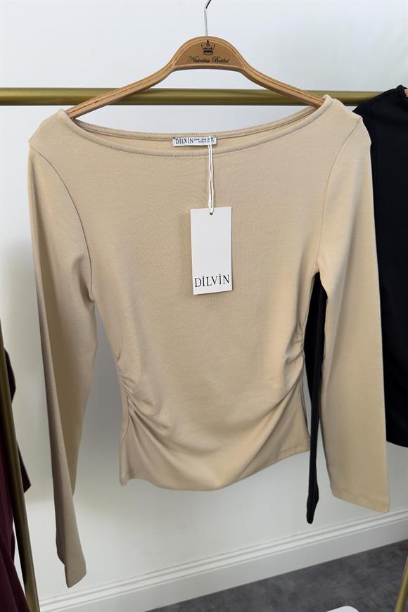 Dilvin Yanı Büzgülü Kayık Yaka Lüx Basic Bej 