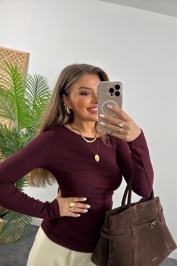 Dilvin Yanı Büzgülü Kayık Yaka Lüx Basic Bordo 