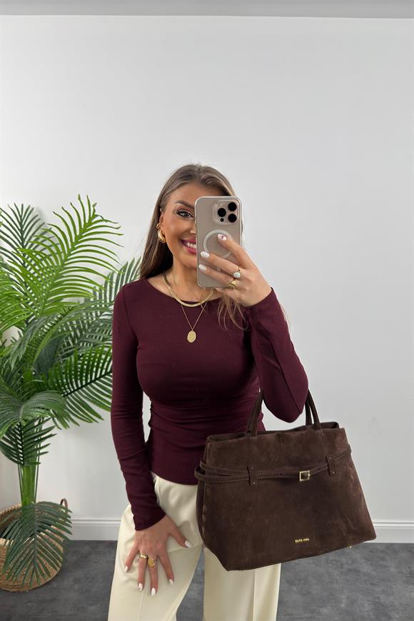 Dilvin Yanı Büzgülü Kayık Yaka Lüx Basic Bordo 