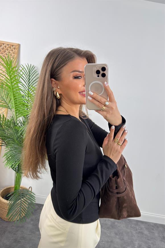 Dilvin Yanı Büzgülü Kayık Yaka Lüx Basic Siyah 