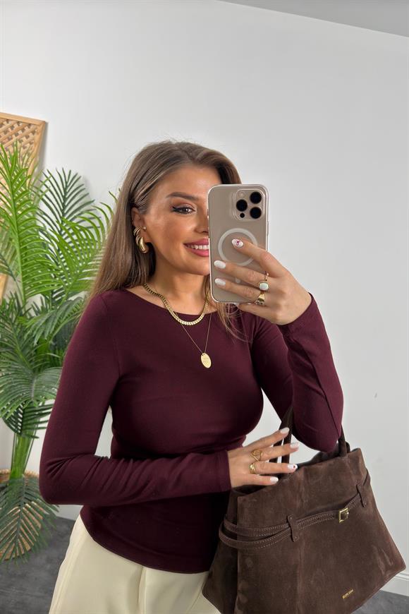 Dilvin Yanı Büzgülü Kayık Yaka Lüx Basic Bordo 