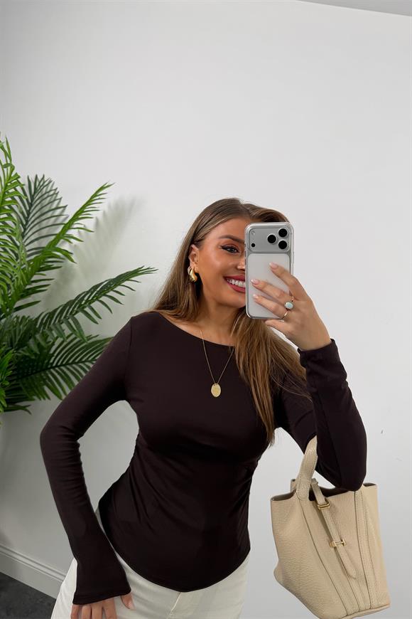 Dilvin Yanı Büzgülü Kayık Yaka Lüx Basic Acı Kahve