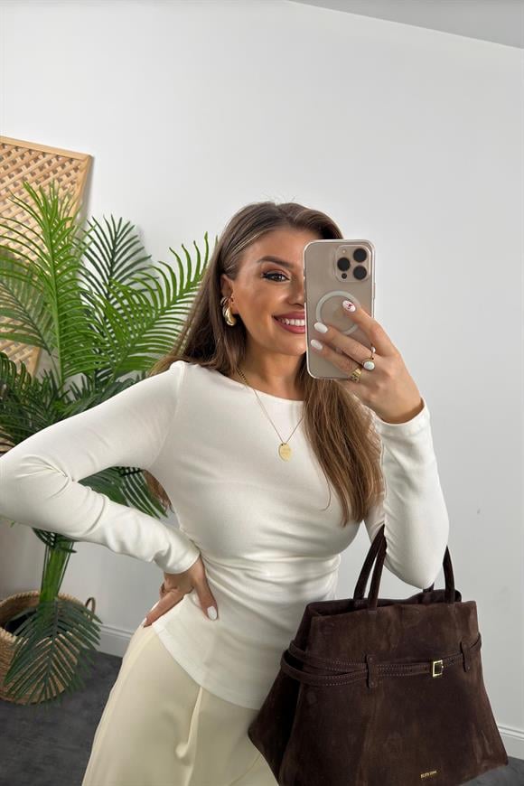 Dilvin Yanı Büzgülü Kayık Yaka Lüx Basic Ekru 