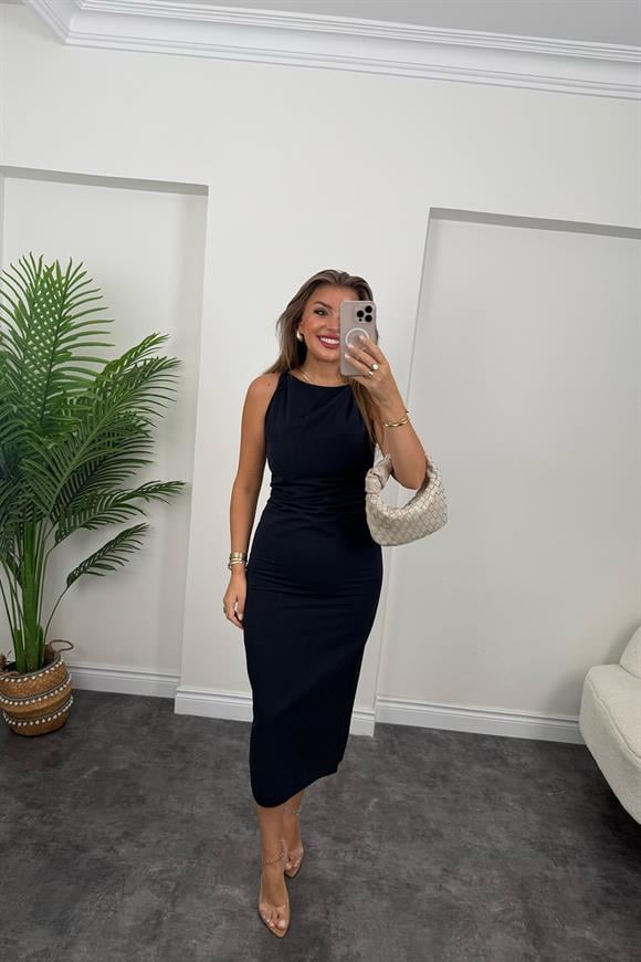 Dönük Askılı Midi Boy Basic Keten Elbise Lacivert