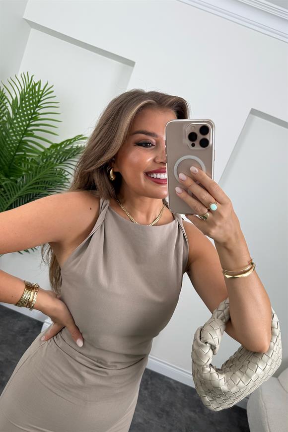 Dönük Askılı Midi Boy Basic Keten Elbise Vizon