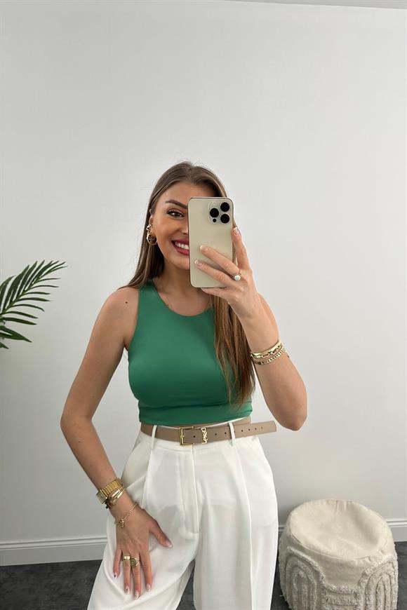 Double Kumaş Likralı Halter Yaka Crop Bluz Yeşil