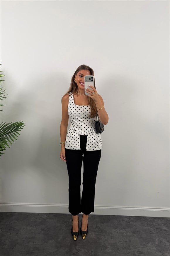 Double Kumaş Puantiyeli Kare Yak Peplum Bluz Beyaz