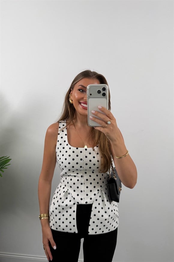 Double Kumaş Puantiyeli Kare Yak Peplum Bluz Beyaz