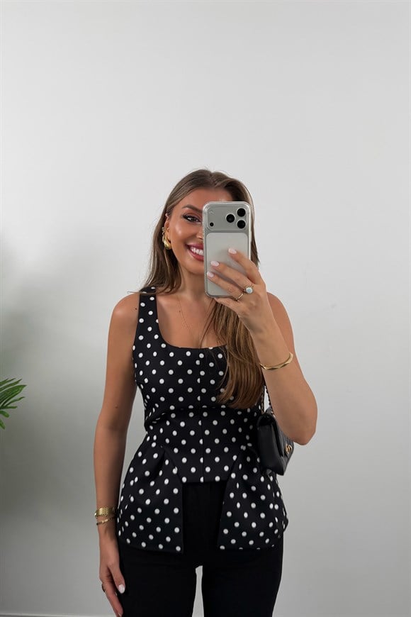 Double Kumaş Puantiyeli Kare Yak Peplum Bluz Siyah