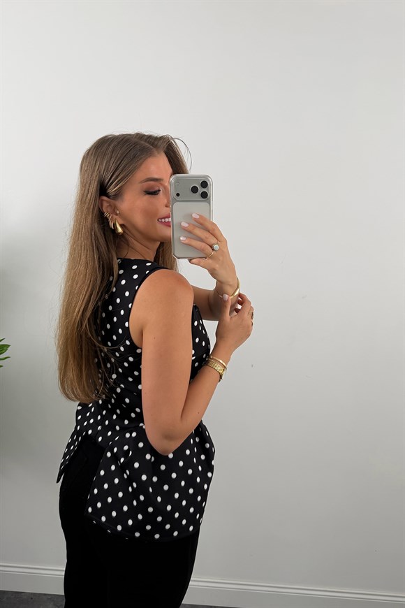 Double Kumaş Puantiyeli Kare Yak Peplum Bluz Siyah