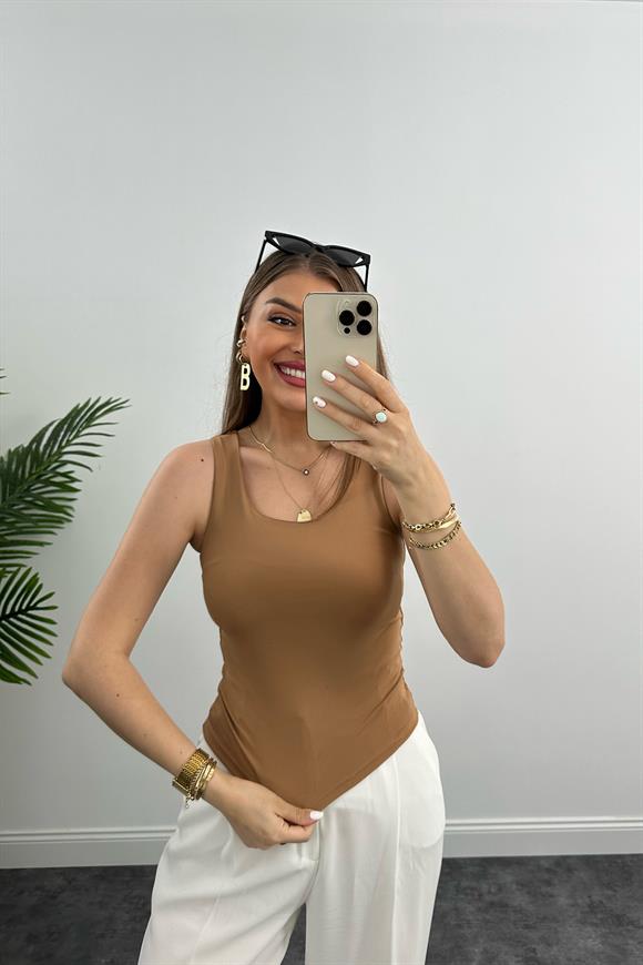 Double Kumaş Toparlayıcı Atlet Tam Boy Camel