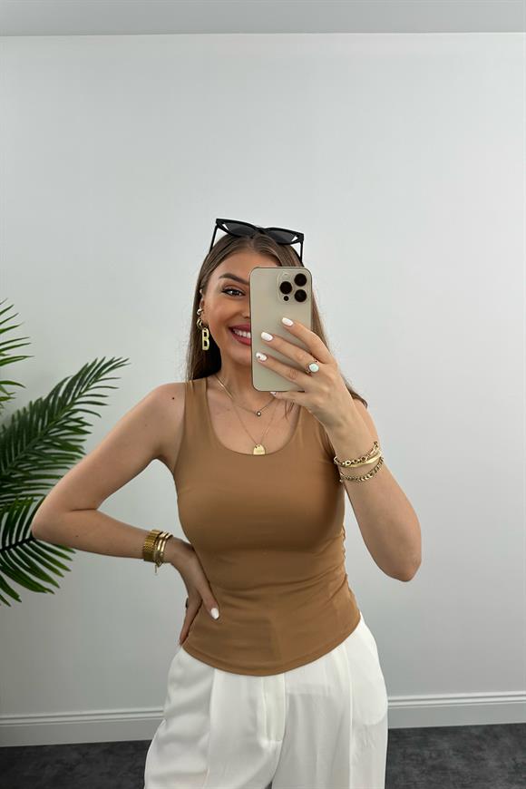 Double Kumaş Toparlayıcı Atlet Tam Boy Camel