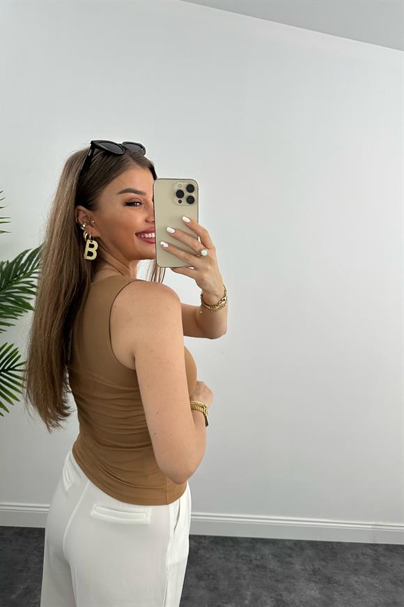 Double Kumaş Toparlayıcı Atlet Tam Boy Camel