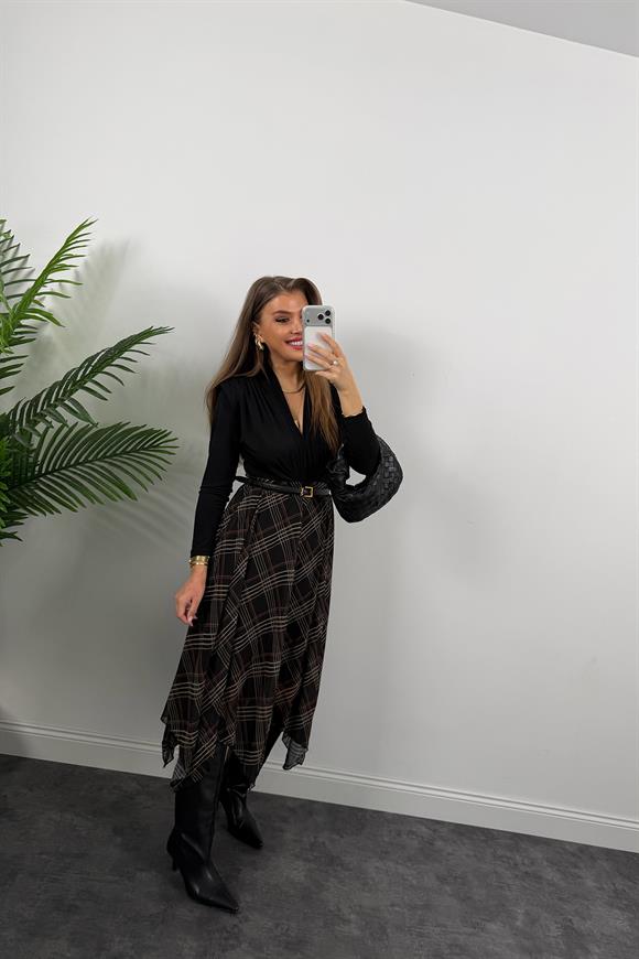 Ekoseli Asimetrik Şifon Etek Siyah