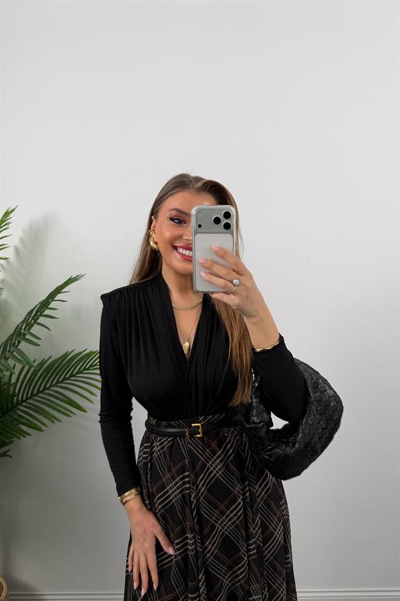 Ekoseli Asimetrik Şifon Etek Siyah