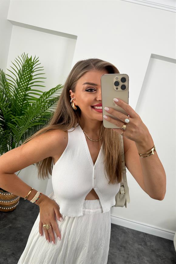 Elit Triko 3 Düğmeli Kısa Yelek Beyaz