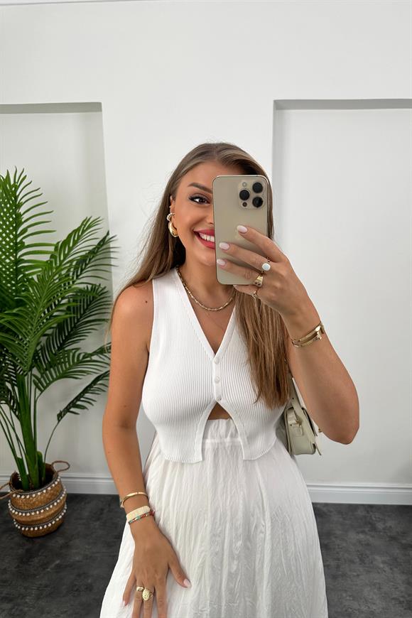 Elit Triko 3 Düğmeli Kısa Yelek Beyaz