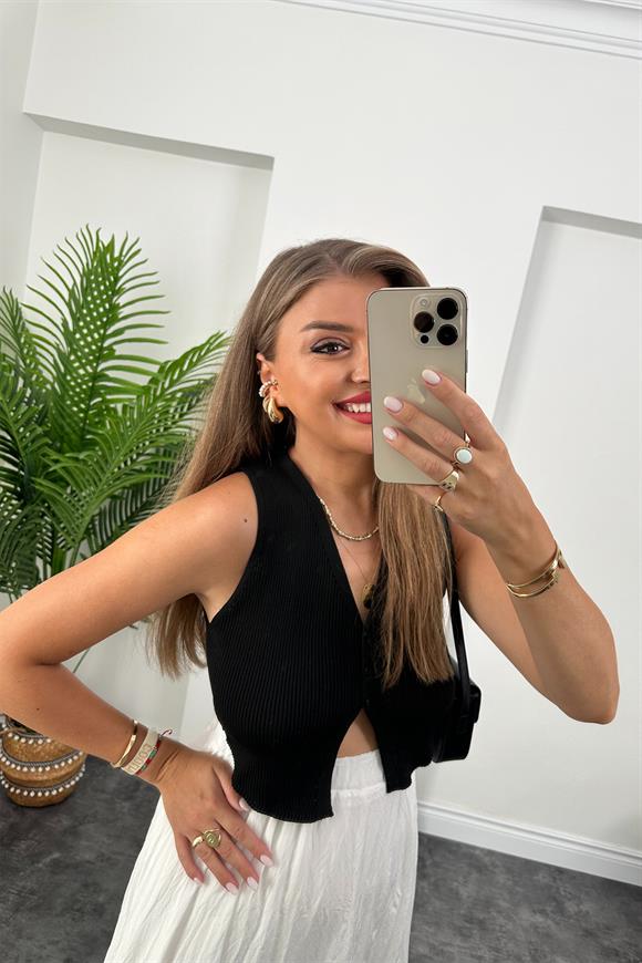 Elit Triko 3 Düğmeli Kısa Yelek Siyah